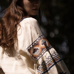 Linen embroidered top in boho style CELESTE , White Blouse with Long Puff Sleeve, Natural Flax Linen Shirt, Embroidery Eco Linen Blouse image 10