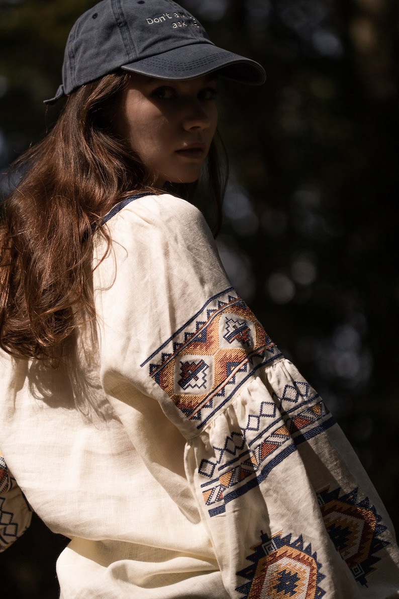 Linen embroidered top in boho style CELESTE , White Blouse with Long Puff Sleeve, Natural Flax Linen Shirt, Embroidery Eco Linen Blouse image 10