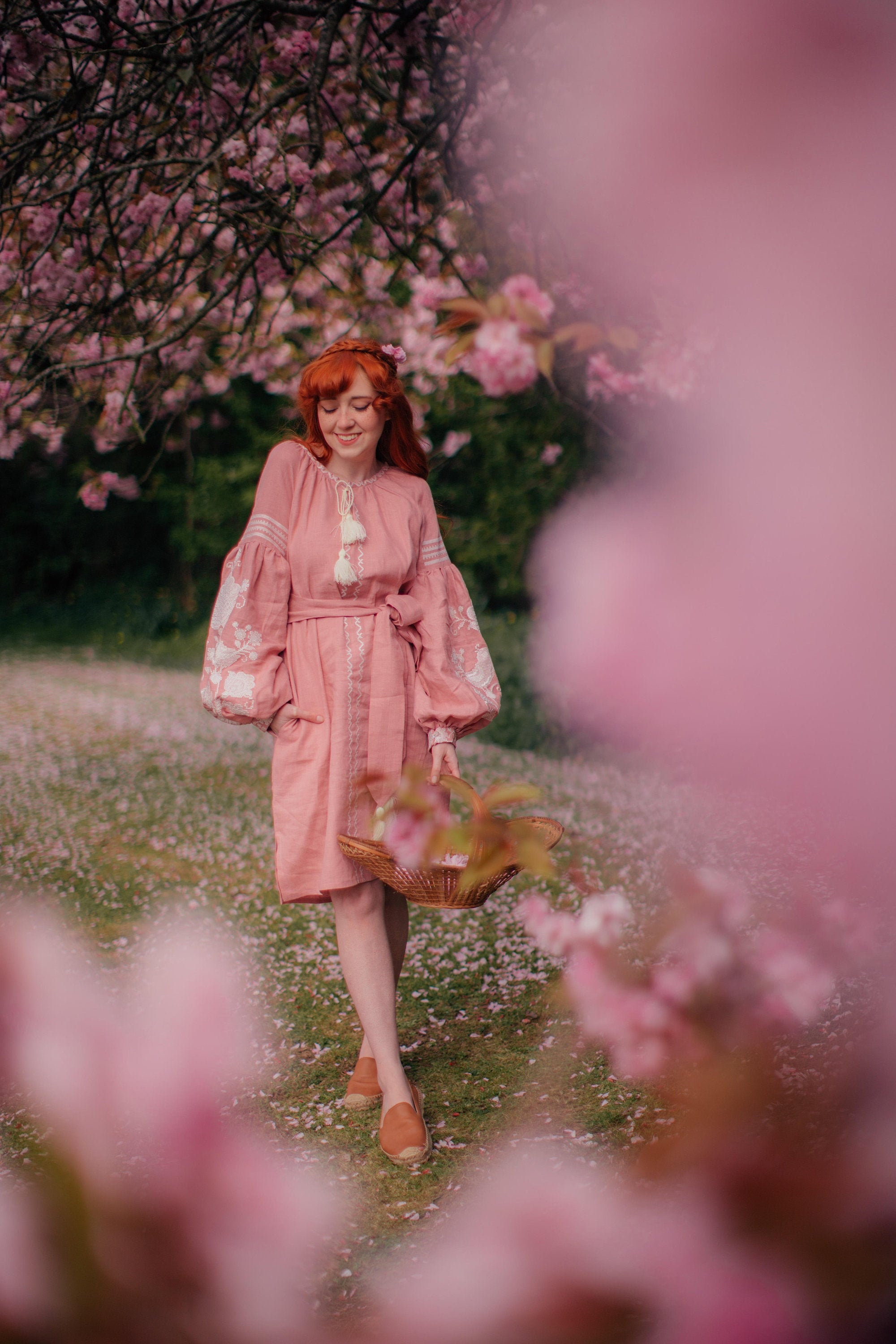 Linen Midi Embroidered Dress Rebecca, Balloon Sleeve in Linen, Bohemian Bridal Dress, Mariage Boho Dress, Ethno Pink