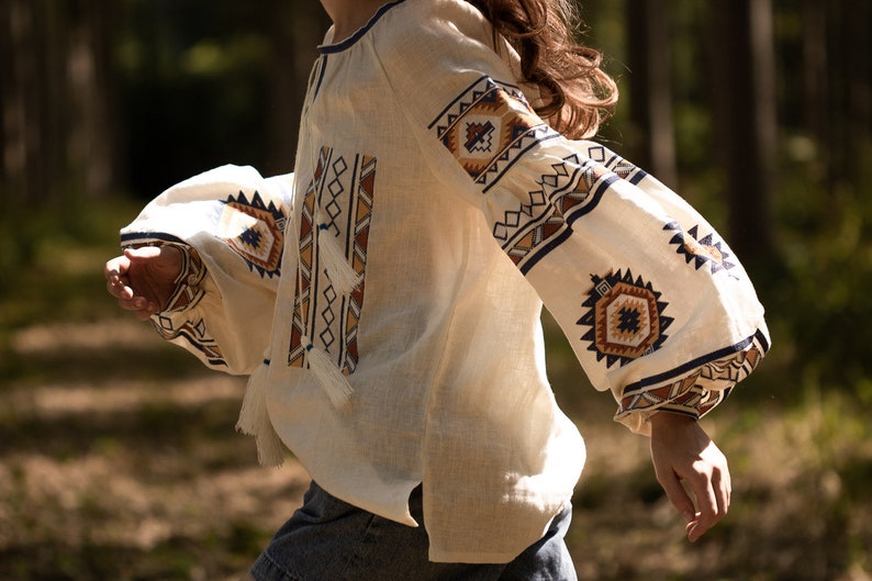 Linen embroidered top in boho style CELESTE , White Blouse with Long Puff Sleeve, Natural Flax Linen Shirt, Embroidery Eco Linen Blouse image 4