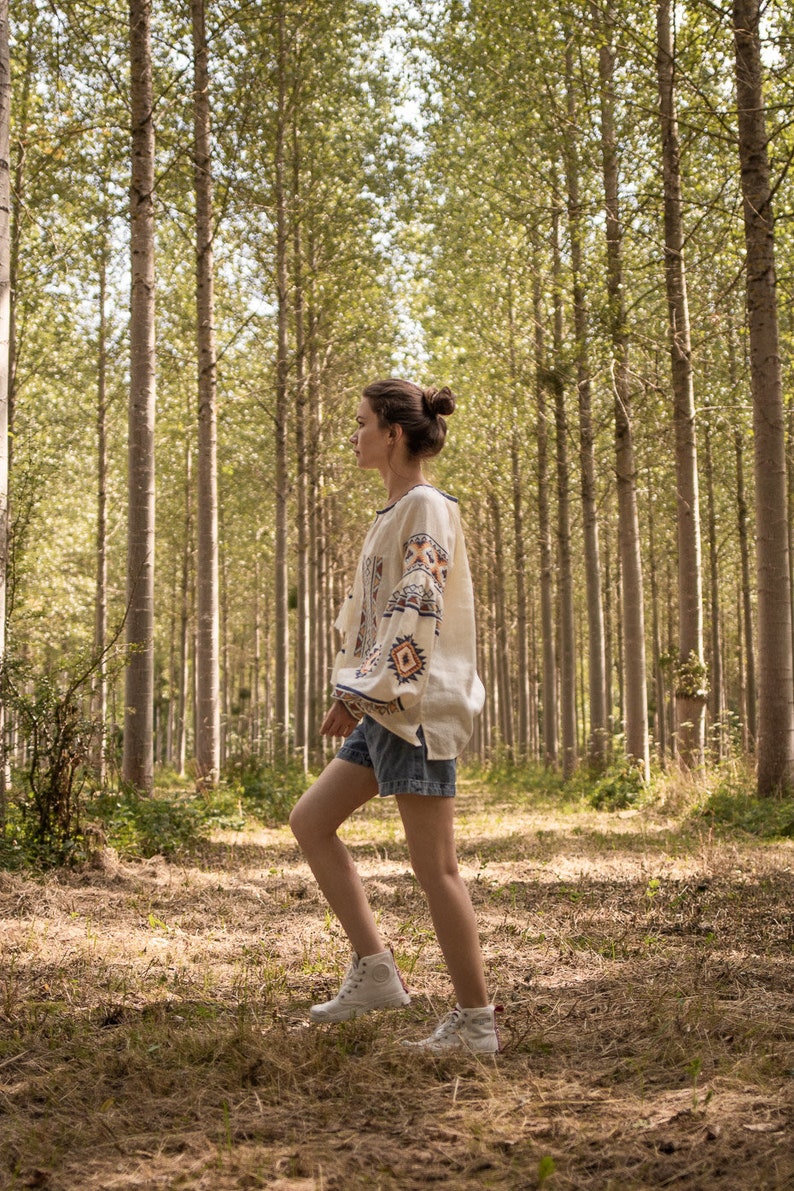 Linen embroidered top in boho style CELESTE , White Blouse with Long Puff Sleeve, Natural Flax Linen Shirt, Embroidery Eco Linen Blouse image 7