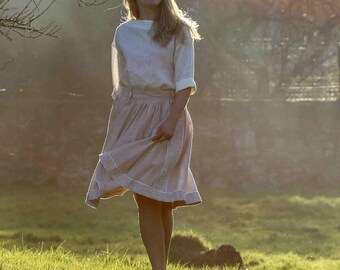 linen romantic embroidery skirt, linen boho midi skirt, flared midi flax skirt, Eco-Friendly Linen Skirt