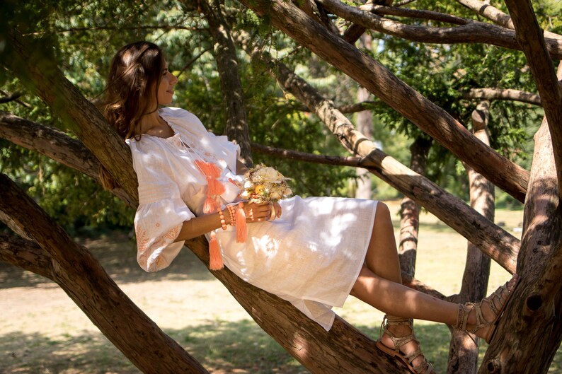 White linen dress, Romantic Bridal Dress, embroidered linen dress, bridesmade boho dress, ehtno chic style dress, mariage boho dress image 6