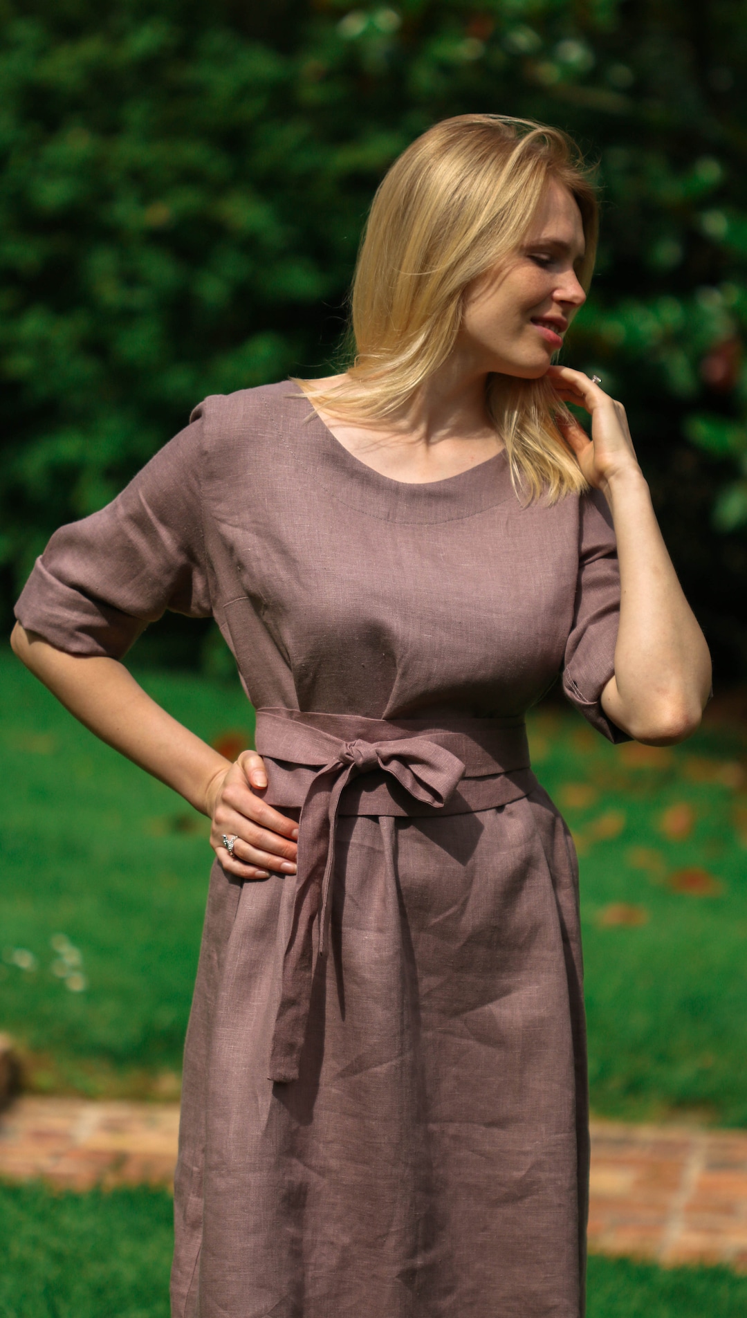 Midi Linen Purple Dress, Roundneck Loose Plus Size Kaftan, Summer Eco — free download