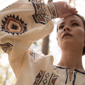 Linen embroidered top in boho style CELESTE , White Blouse with Long Puff Sleeve, Natural Flax Linen Shirt, Embroidery Eco Linen Blouse image 1