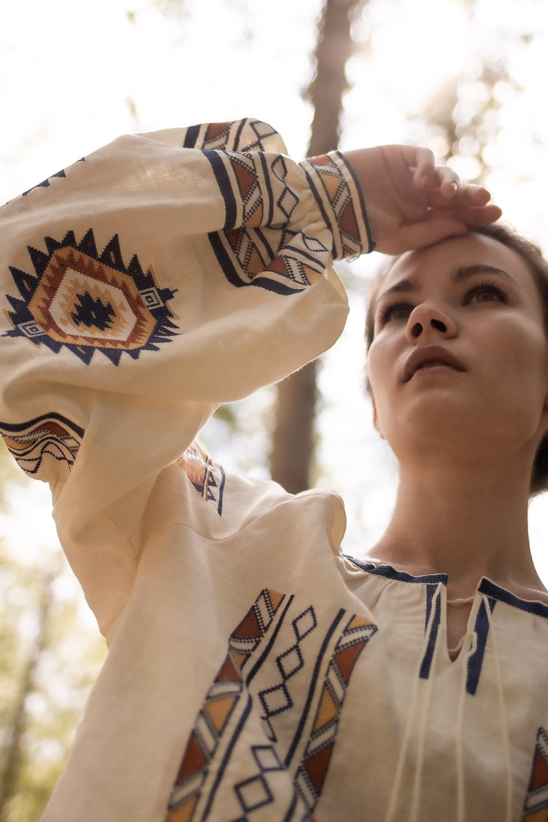 Linen embroidered top in boho style CELESTE , White Blouse with Long Puff Sleeve, Natural Flax Linen Shirt, Embroidery Eco Linen Blouse image 1