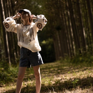 Linen embroidered top in boho style CELESTE , White Blouse with Long Puff Sleeve, Natural Flax Linen Shirt, Embroidery Eco Linen Blouse image 2