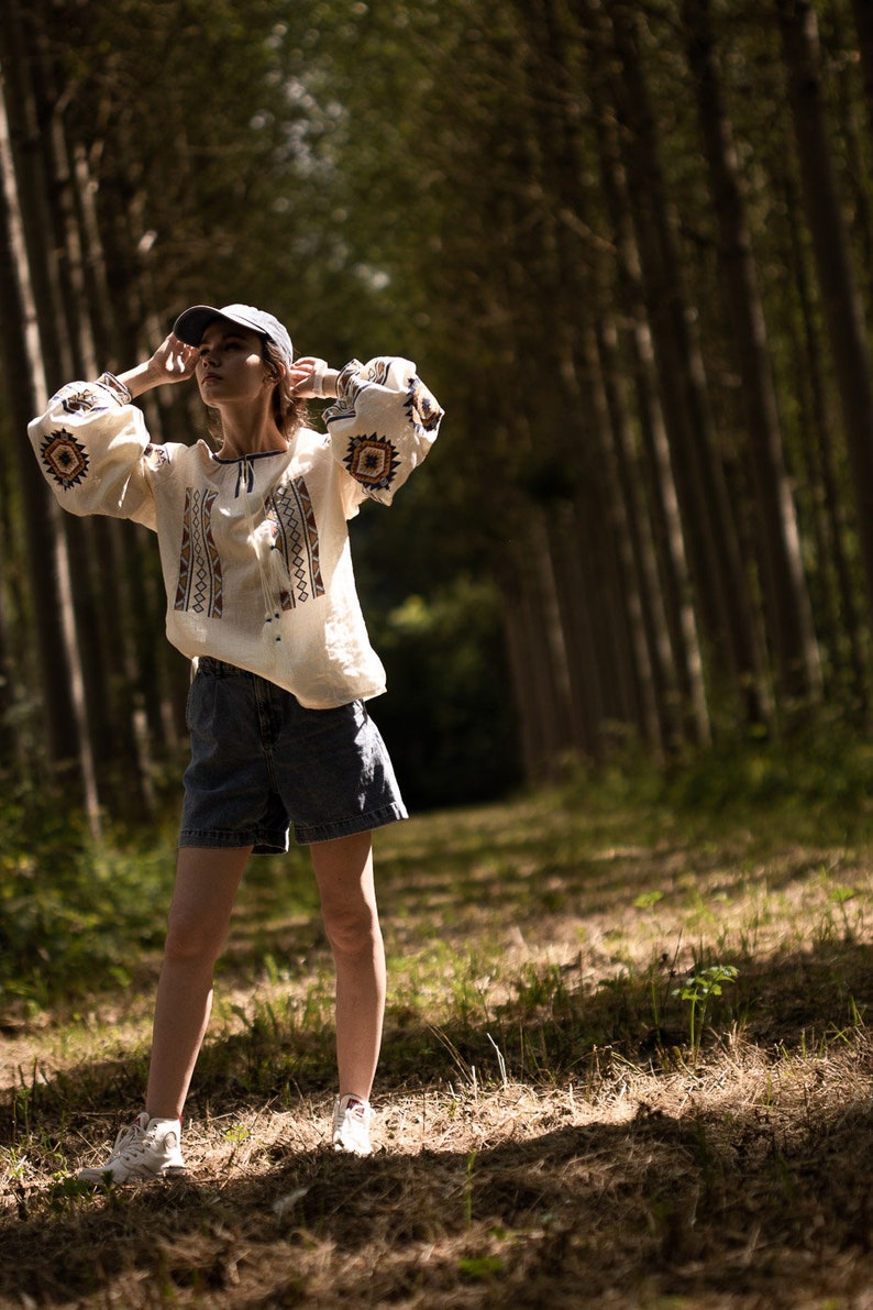 Linen embroidered top in boho style CELESTE , White Blouse with Long Puff Sleeve, Natural Flax Linen Shirt, Embroidery Eco Linen Blouse image 2