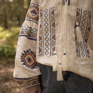 Linen embroidered top in boho style CELESTE , White Blouse with Long Puff Sleeve, Natural Flax Linen Shirt, Embroidery Eco Linen Blouse image 3