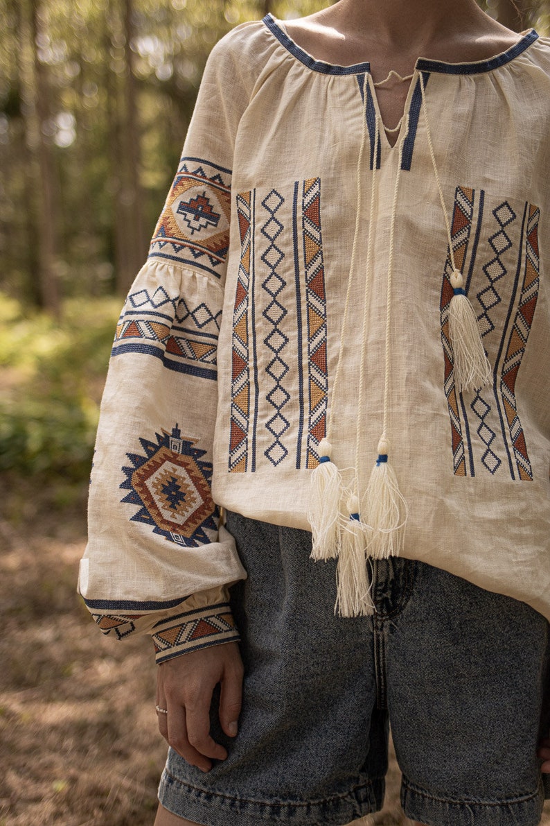 Linen embroidered top in boho style CELESTE , White Blouse with Long Puff Sleeve, Natural Flax Linen Shirt, Embroidery Eco Linen Blouse image 3