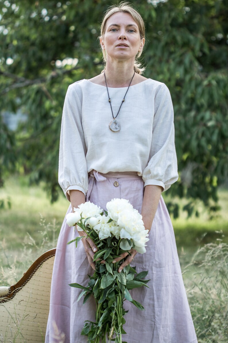 Linen Beige Dune Sleeve Blouse SIMPLICIA, Blouse in linen, victorian linen, 80s blouse women, Flax women clothes, Summer white top image 5