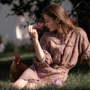 Linen midi purple dust dress with handmade embroidery VILNA