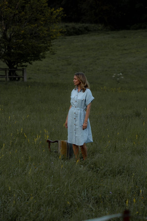 Linen midi bleu shirt dress NEBO with coco buttoms / 100% bio Linen and handmade