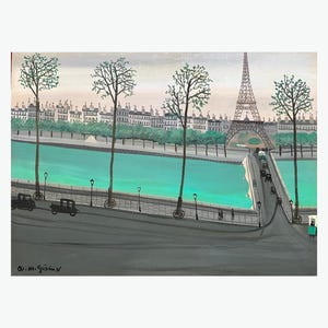 Large Naive French Original Oil Painting | Eiffel Tower & Seine River Scene | Vintage Paris Cityscape Wall Art | Original Mid Century Art