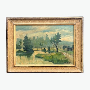 Vroeg 20e-eeuws Frans landschap landschapsolieverfschilderij gesigneerd origineel stroompje reflectie vintage sierlijke lijst groen natuur