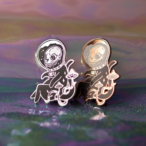 Space Cat Enamel Pin Glow in the Dark Rose Gold and Silver Skull Kitten Illustration