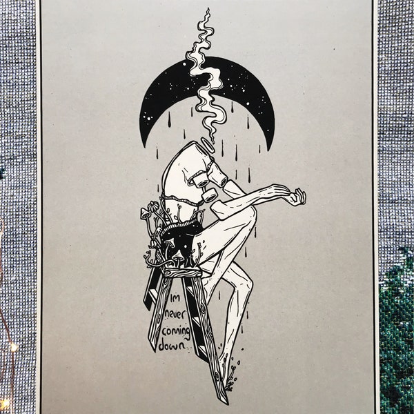 Im never coming down Print (8x10") surreal dark and whimsical pen and ink surreal blackwork