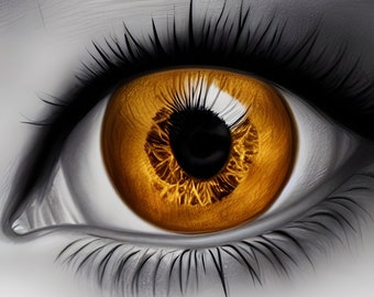 May include: A close-up of a human eye with a dark eyebrow and long eyelashes. The iris is a vibrant golden colour.