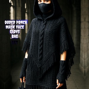 May include: Black hooded poncho, face mask, gloves, and bag set. The knitted set features a fringed hem and a cable knit design. The image includes the text "Hooded Ponch Mask Face Gloves Bag Set."