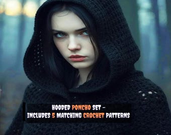 Gothic Hooded Poncho Crochet Pattern Set – 6 PDF Cape, Shrug, Gloves, Cloak & Bag Designs