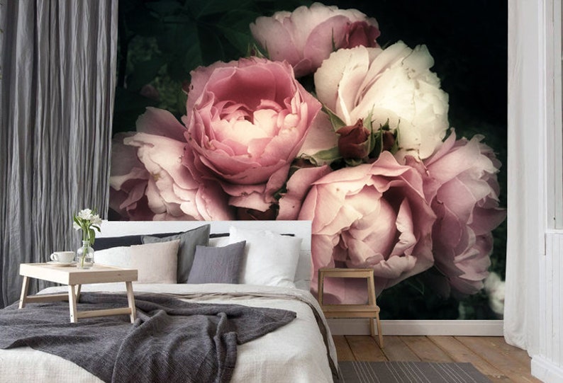 Pink Rose Removable Wallpaper Dark Floral Mural Peony Wall Etsy