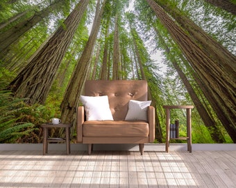 May include: A brown leather couch with two white pillows sits in front of a photo mural of a lush green forest with tall trees. The trees are reaching up towards the sky, creating a sense of height and grandeur.