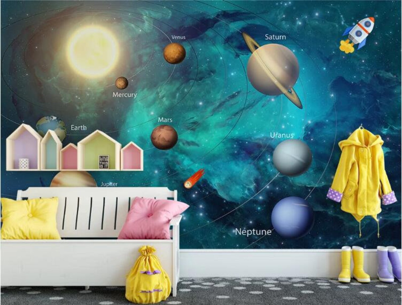 Handpainted Space Universe Wallpaper Space Kids Bedroom Wall Etsy