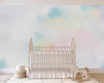 Pastel Cloud Wallpaper - Rainbow Water Color Wallpaper- Peel and Stick Pastel Clouds - Baby Boy Girl Room Mural - Removable Self Adhesive