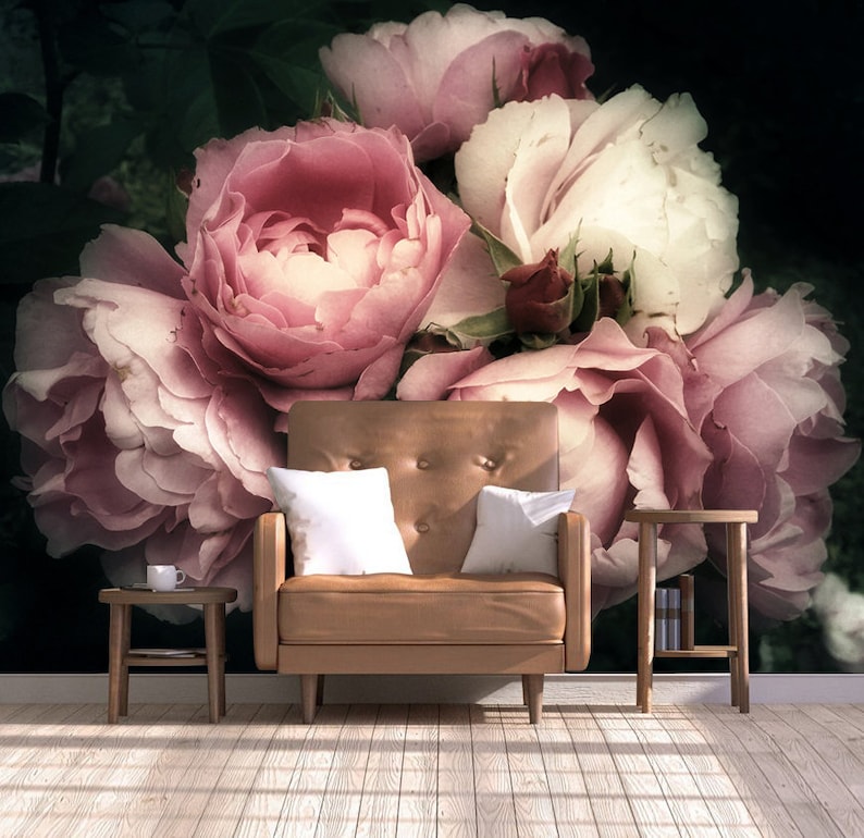 Pink Rose Removable Wallpaper Dark Floral Mural Peony Wall Etsy