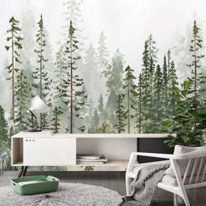 May include: A watercolor painting of a forest scene with tall green pine trees in the background. The trees are painted in a soft, muted green color, and the background is a light, airy blue. The painting is framed by a white border.