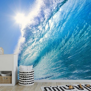 Blue Ocean Wave removable fabric Wallpaper，peel and stick Self Adhesive , Ocean Wave Wall Mural Decor for Living Room Bedroom