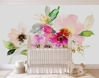 Papel pintado removible Flores de acuarela Papel pintado floral Peel & Stick, Acuarela, Autoadhesivo, Mural de calcomanía de pared Colores pastel