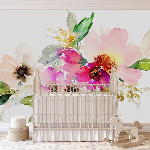 Watercolor Flowers Self Adhesive Mural Floral Wallpaper Etsy