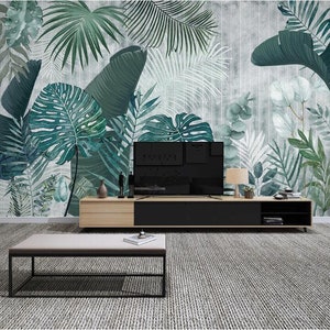 Hand drawn tropical plants leaves Removable wall fabric wallpaper Peel and Stick wall Self Adhesive Wallpaper Monstera Leaf Tropical mural image 5