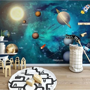 Hand-painted Space universe wallpaper space kids bedroom wall mural Peel and Stick nursery wall paper removable playroom poster