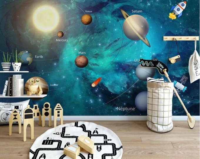 Blue Space Wallpaper Kids Bedroom Wall Mural Peel and Stick Solar ...