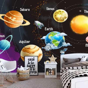 Hand-painted Solar system of planets wallpaper space kids bedroom wall mural Peel and Stick nursery wall paper removable playroom poster
