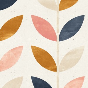 May include: Abstract pattern with overlapping leaf shapes in shades of pink, blue, brown, and beige on a white background.