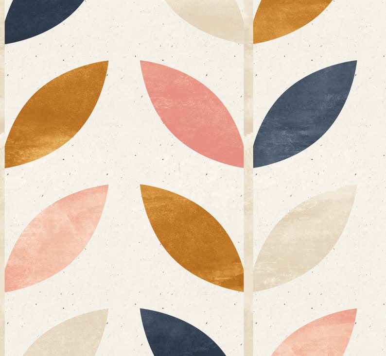 May include: Abstract pattern with overlapping leaf shapes in shades of pink, blue, brown, and beige on a white background.