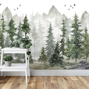 Carta da parati in tessuto rimovibile con albero di pino e nebbia, autoadesiva, carta da parati murale con paesaggio boschivo, carta da parati per bambini