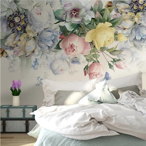 Hand painted vintage rose flower Removable fabric wallpaper Peel and Stick wall Self- Adhesive Wallpaper watercolor rose mural