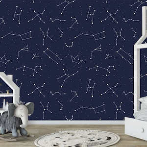 Space Constellations Removable Wallpaper Peel & Stick Nursery Decor Self- Adhesive Wallpaper Dark Blue background shining stars Mural