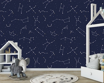 Space Constellations Removable Wallpaper Peel & Stick Nursery Decor Self- Adhesive Wallpaper Dark Blue background shining stars Mural