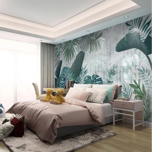 Hand drawn tropical plants leaves Removable wall fabric wallpaper Peel and Stick wall Self Adhesive Wallpaper Monstera Leaf Tropical mural image 3