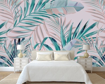 Tropical palm leaves modern removable fabric Wallpaper,peel and stick，Self Adhesive ,  floral palm leaves Wall Mural