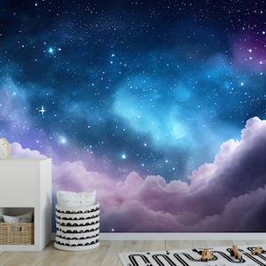 Night sky with clouds removable fabric Wallpaper,peel and stick，Self Adhesive ,  Colorful night sky Wall Mural nursery kids wall decor