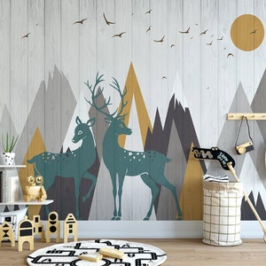 Grey mountain Removable wall fabric wallpaper Birds and forest elk Peel and Stick wall Self- Adhesive Wallpaper mural