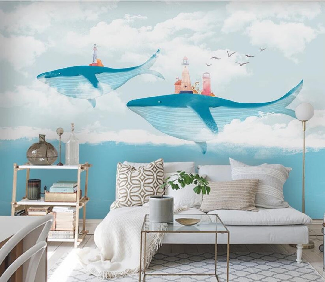 Hand Painted Watercolor Whale Removable Wall Fabric Wallpaper Sky and ...