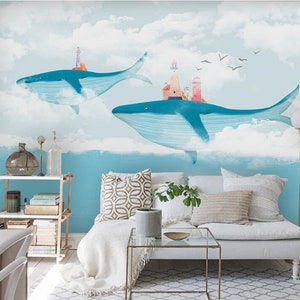 Hand painted watercolor whale Removable wall fabric wallpaper sky and cloud  Peel and Stick wall Self-Adhesive Children room mural