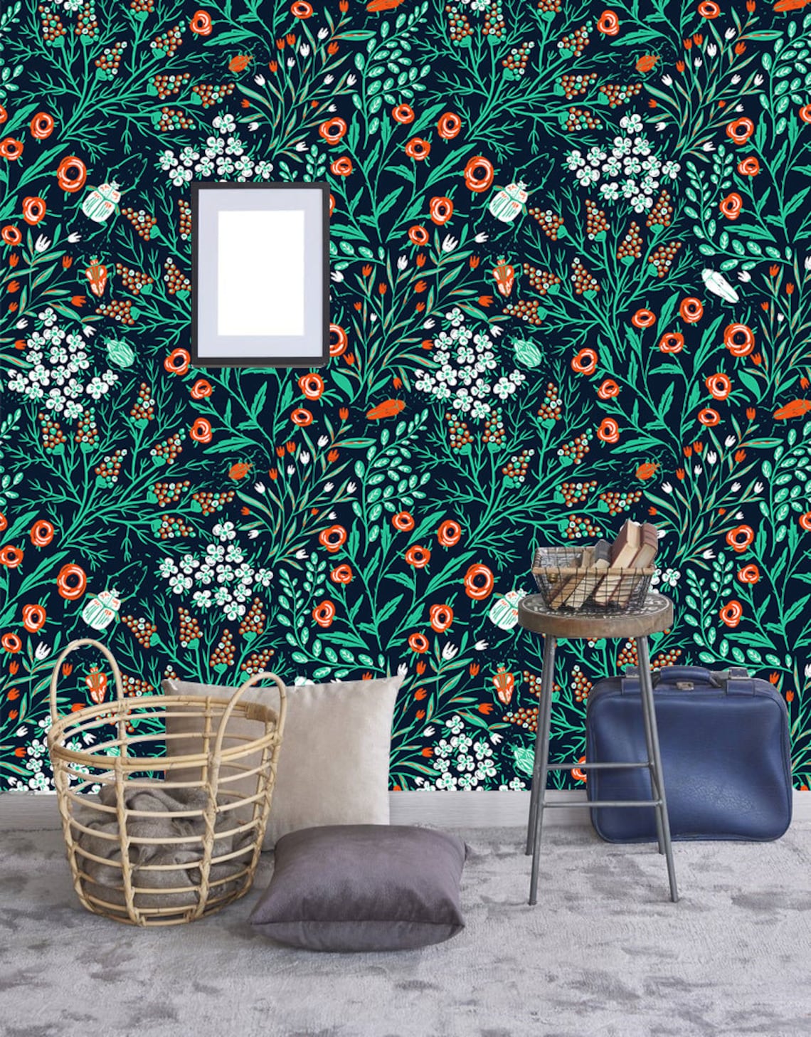 Removable Wallpaper summer blooms and colored beetles Etsy